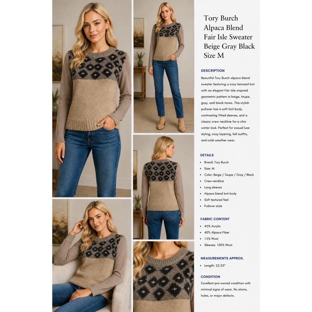 Tory Burch Alpaca Blend Fair Isle Sweater Beige Black Size M